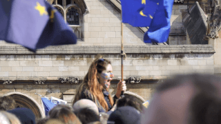 A woman with face paint raises an EU flag at a protest, surrounded by a crowd.