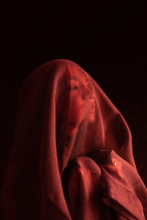 A woman's face is partially concealed under a dark red, sheer veil against a black background.