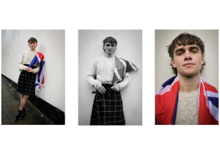 A man in a kilt and sweater poses with a British flag, captured in a series of stylish outdoor portraits.