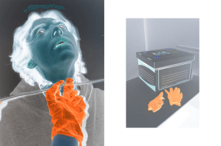 A person wearing orange gloves holds a test tube next to a box in a dark, inverted image.