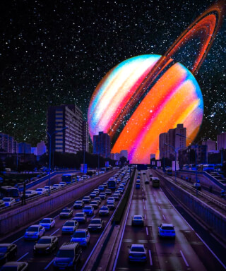 A vibrant planet dominates the skyline over a busy city highway at night in this surreal digital art piece.