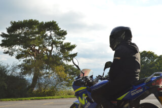 A motorcyclist sits on a parked motorcycle, enjoying the view of the countryside.