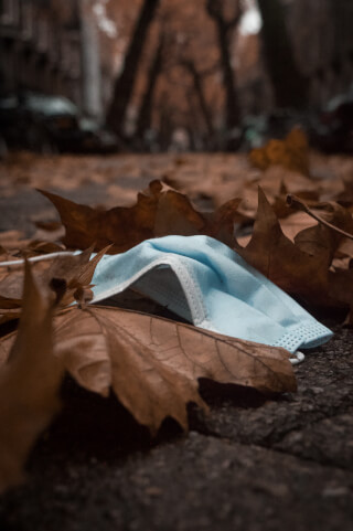 A discarded face mask lies among fallen leaves on a street, symbolizing the end of the pandemic.
