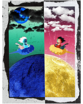 A split image shows anime characters on clouds, set against colorful planets and skies, creating a playful cartoon aesthetic.