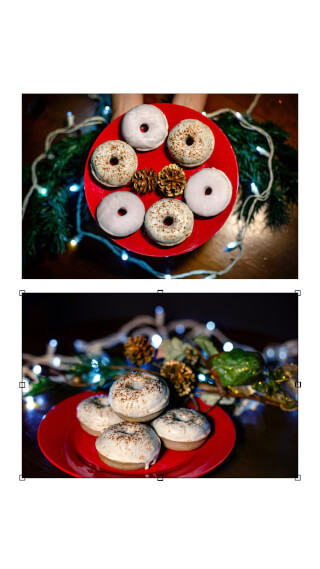 Festive donuts on a red plate surrounded by pinecones and Christmas lights. A tasty holiday treat.