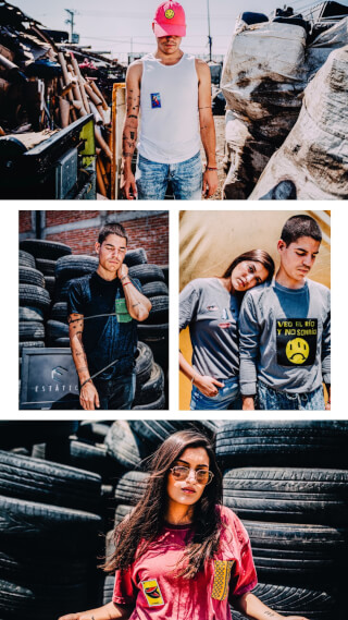 Editorial fashion shots of men and women modeling t-shirts with patches in an urban setting amongst tires.