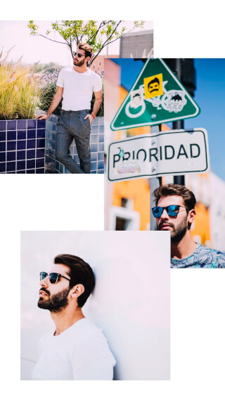 A collection of stylish men wearing sunglasses in an urban setting, perfect for fashion or lifestyle advertising.