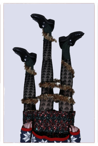 Whimsical image of legs and feet in Christmas-themed outfit, perfect for holiday campaigns and cheerful social media posts.