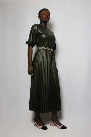 A stylish woman poses in a green pleated dress with a gold belt and two-tone heels, against a clean white backdrop.
