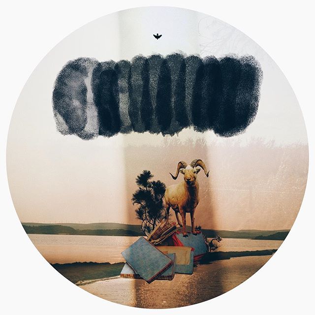 A ram stands on a pile of books by a serene lake with a dark cloud above, blending nature and literature.