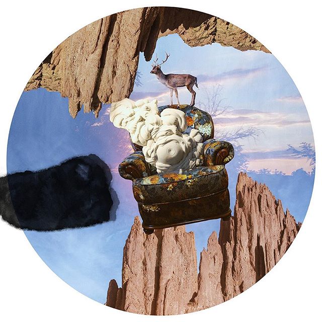 A surreal collage featuring a deer on a chair topped with a statue in a mountain landscape.
