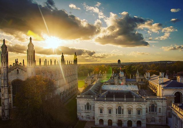 Scenic view of Kings College Chapel in Cambridge, England, at sunset.