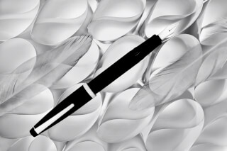A black and white image showing a fountain pen laying across textured paper and feathers. Perfect for blogs and copywriting.