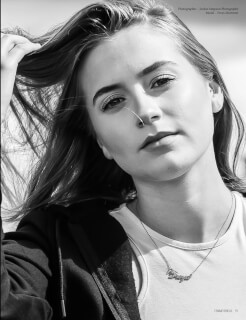 A black and white portrait of model Freya Mortimer, shot by Jordan Simpson Photography.