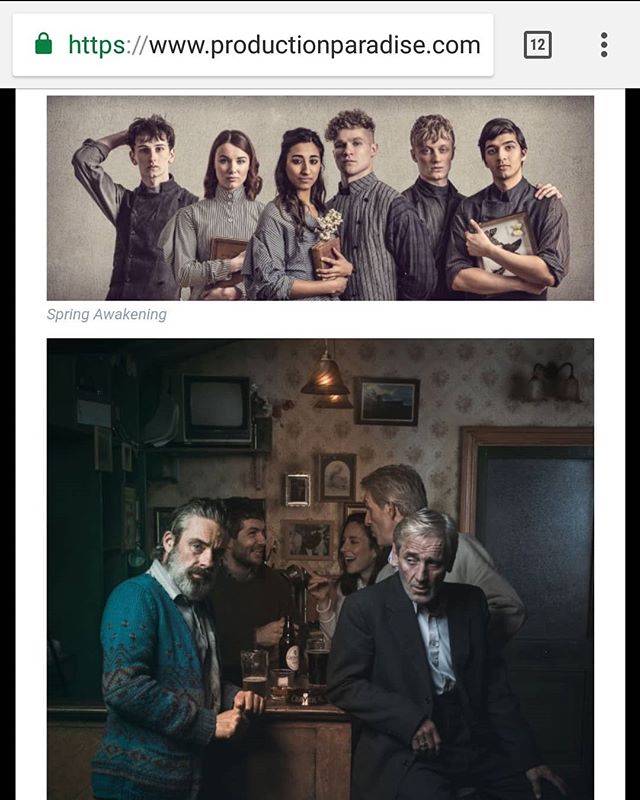Promotional image for theatrical production featuring actors and actresses in a pub setting.