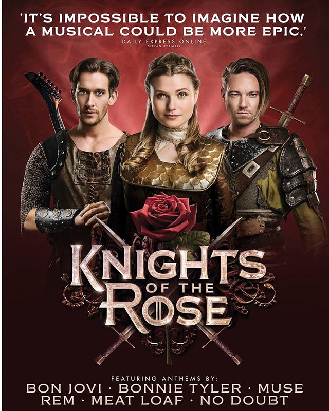 Promotional poster for the musical 'Knights of the Rose', featuring three characters with instruments and weapons.